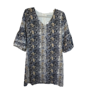 BELONGSCI Women's Dress V-Neck Bell Sleeve Shift Dress Medium Reptile Print